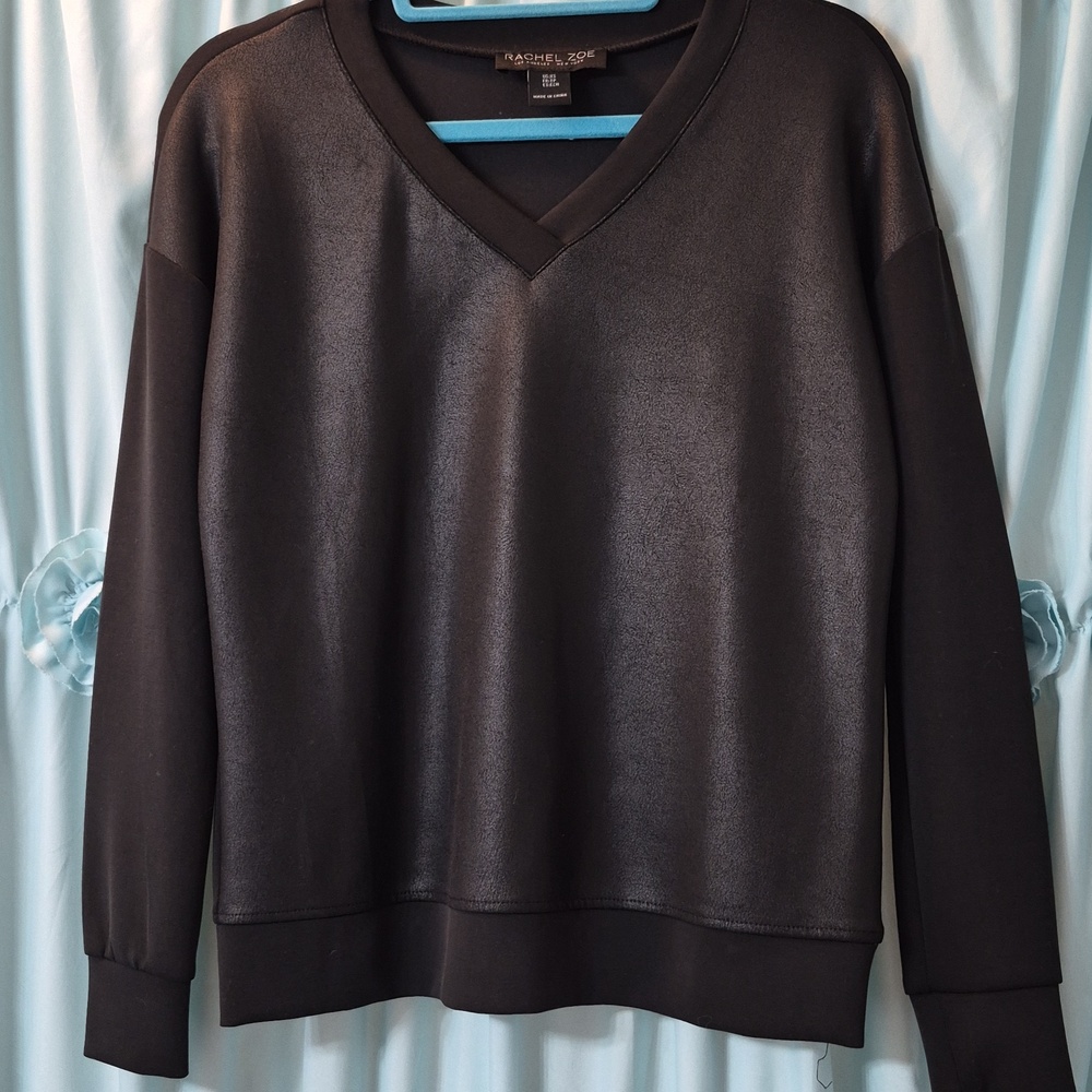 Rachel Zoe Black V-Neck Semi Shine Knit Casual Top Sz XS